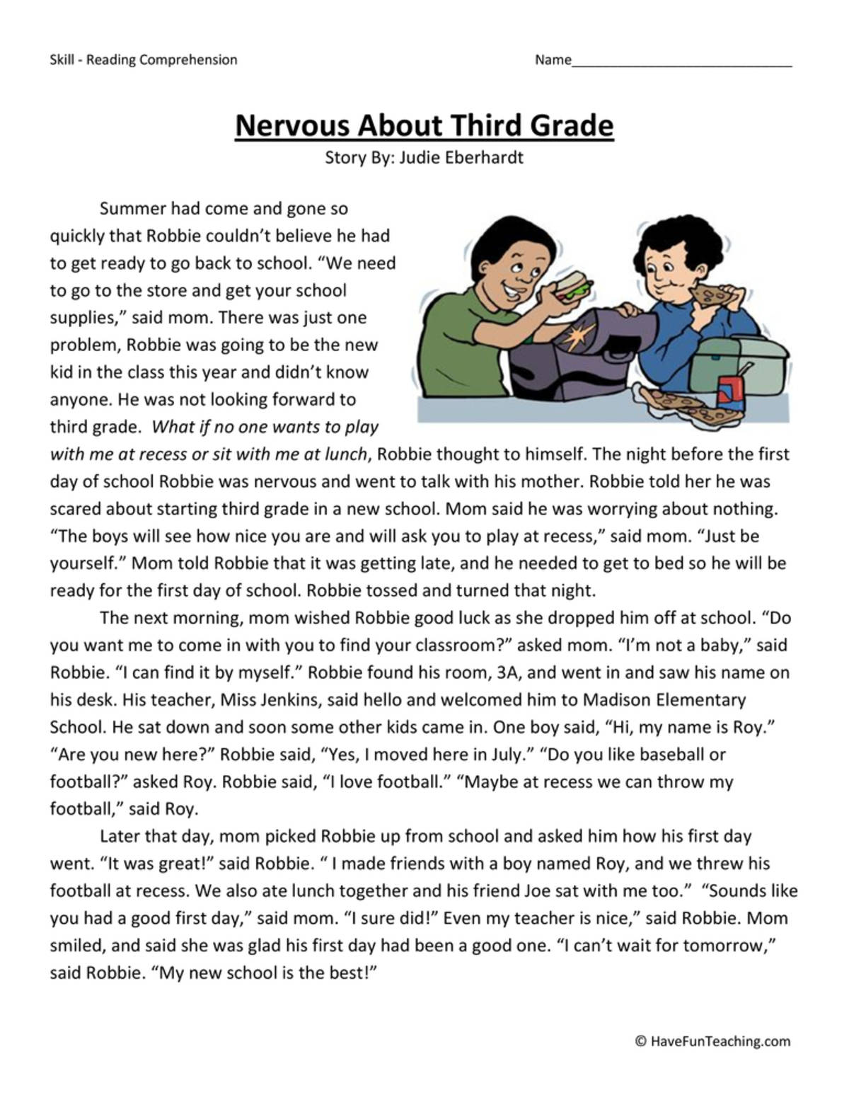 An educational teaching resource from Have Fun Teaching entitled Nervous About 3rd Grade – Reading Comprehension downloadable at Teach Simple.