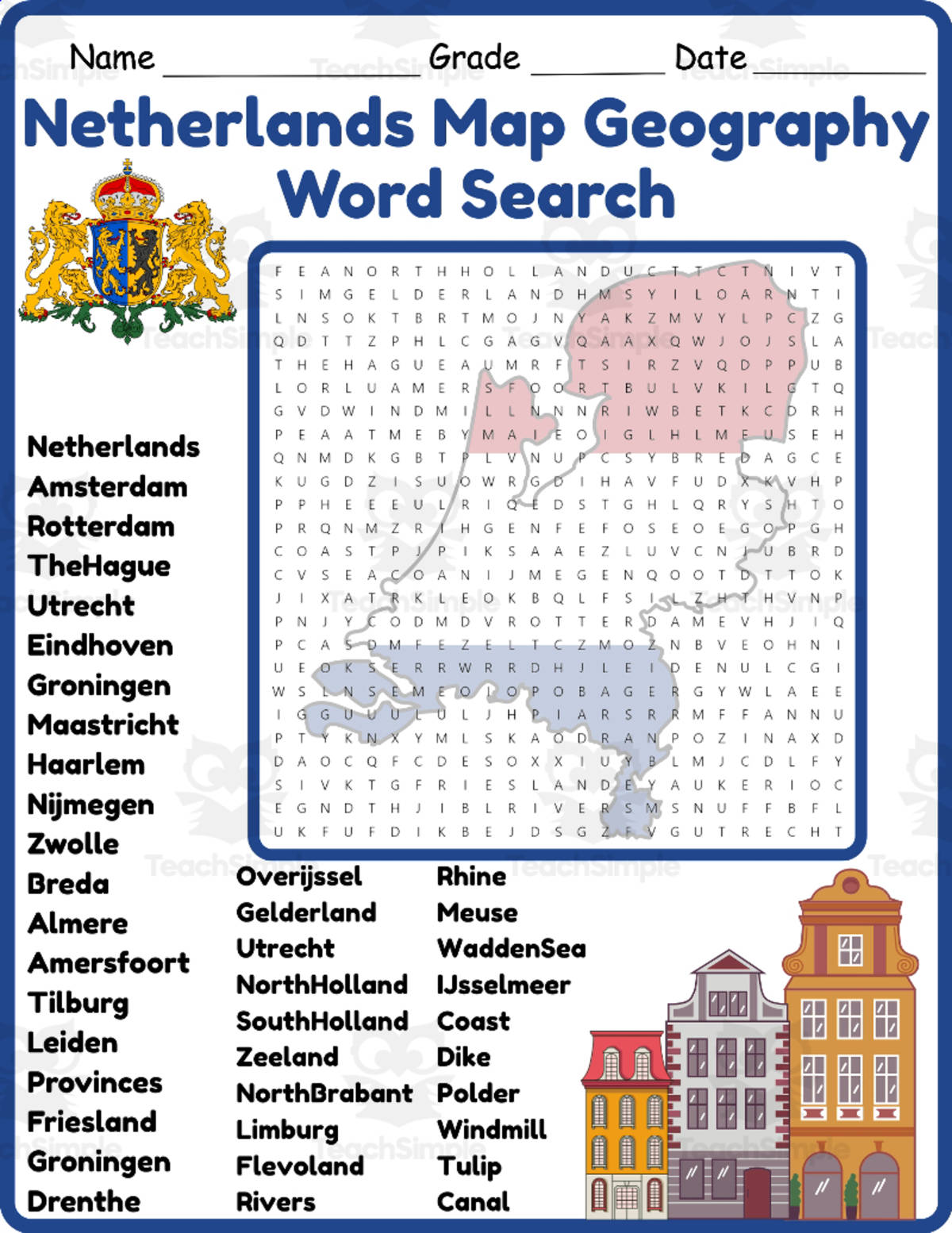 An educational teaching resource from Classsimple entitled Netherlands map geography Word Search 2rd 3th 4th 5th Grade worksheet downloadable at Teach Simple.