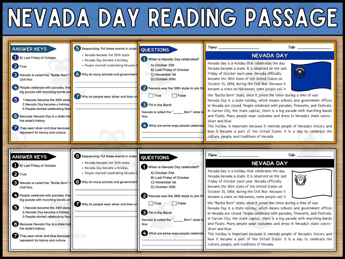 An educational teaching resource from Wonderland School entitled Nevada Day Reading Comprehension Passage and Questions downloadable at Teach Simple.