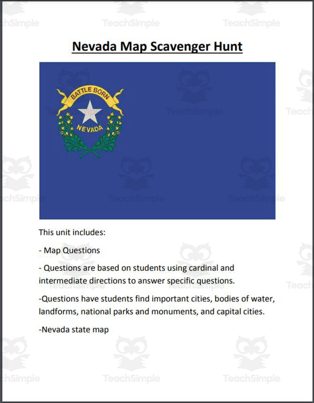 An educational teaching resource from Mr. Matthews Teacher Store entitled Nevada Map Scavenger Hunt downloadable at Teach Simple.