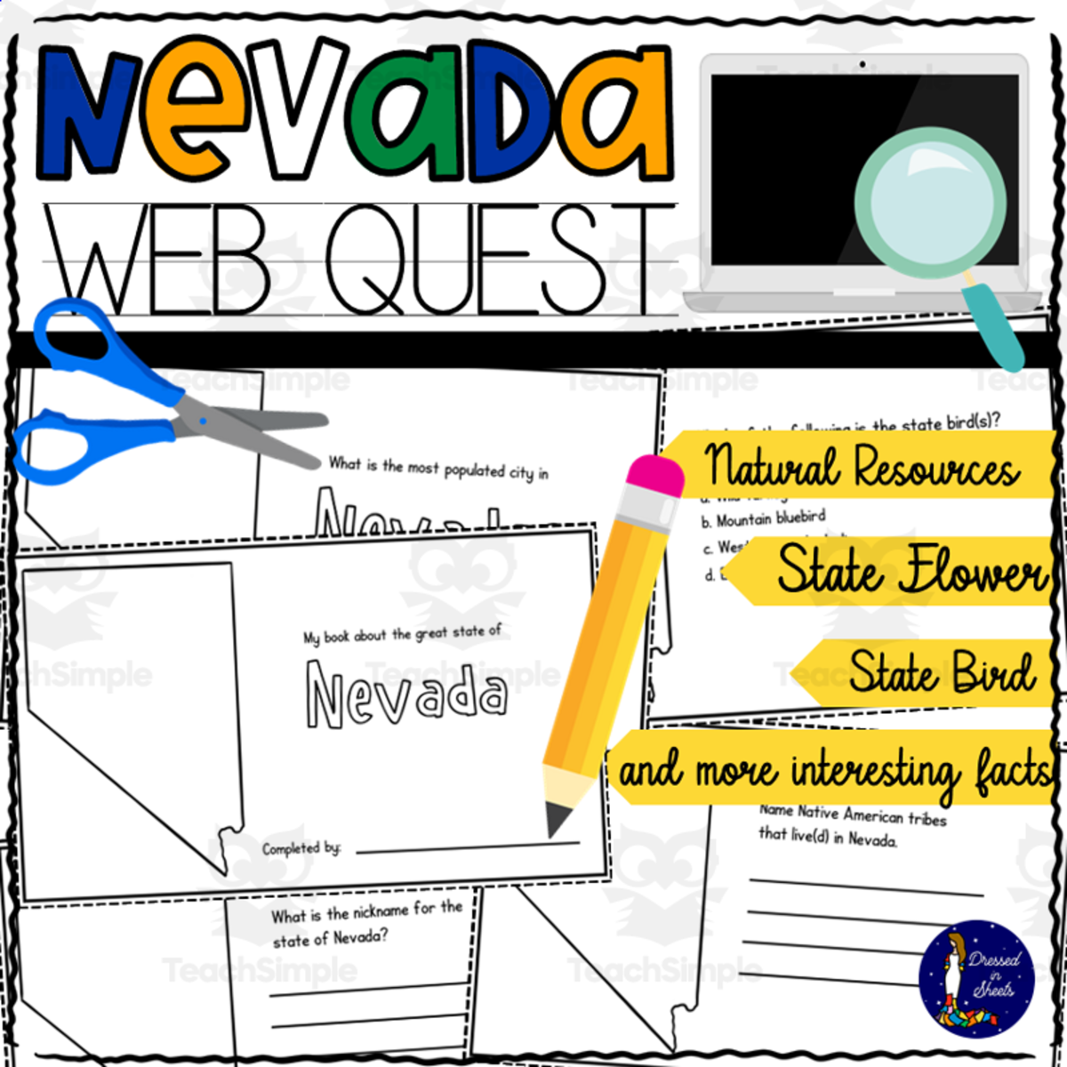 An educational teaching resource from Soumara Siddiqui entitled Nevada WebQuest Printable Book downloadable at Teach Simple.