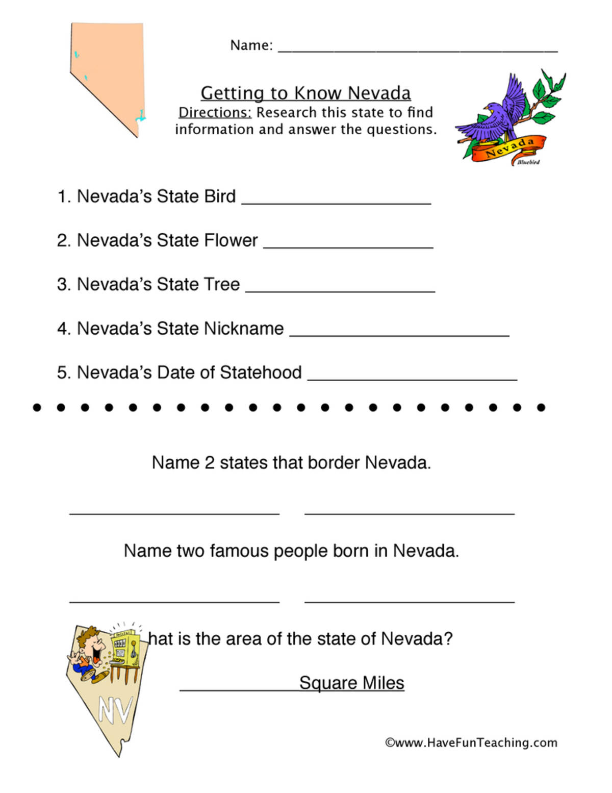 An educational teaching resource from Have Fun Teaching entitled Nevada Worksheet downloadable at Teach Simple.