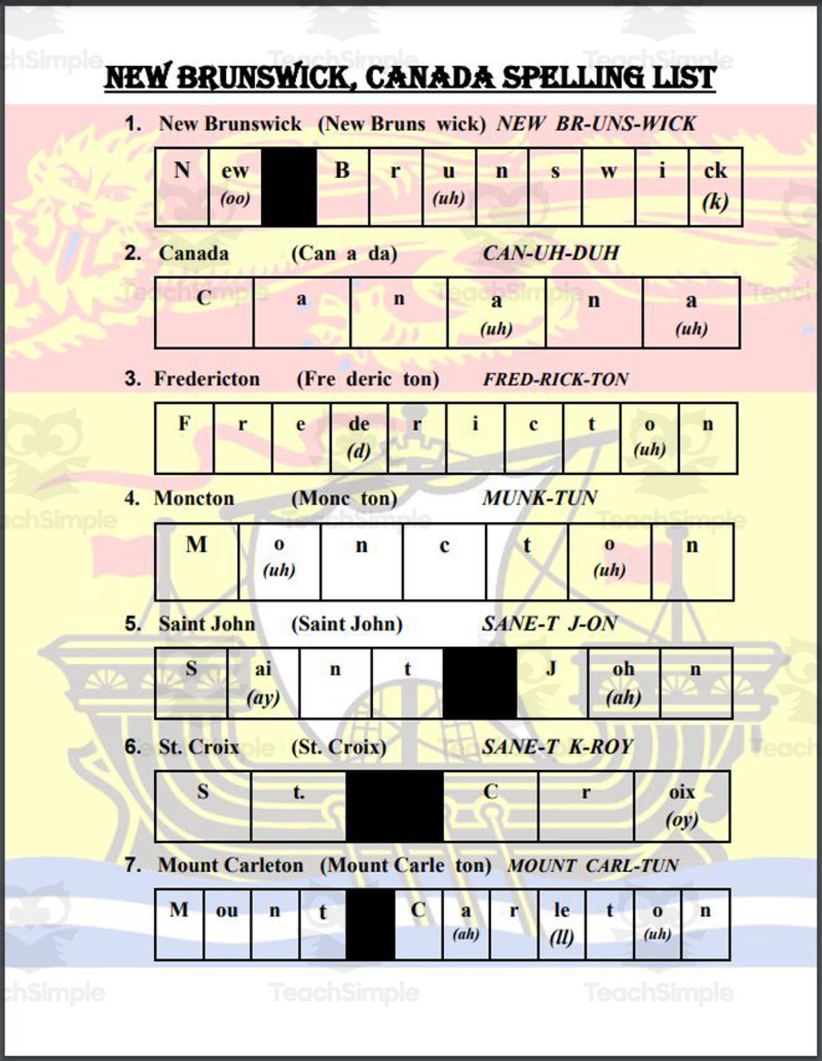 An educational teaching resource from Mr. Matthews Teacher Store entitled New Brunswick (Canada) Spelling List downloadable at Teach Simple.