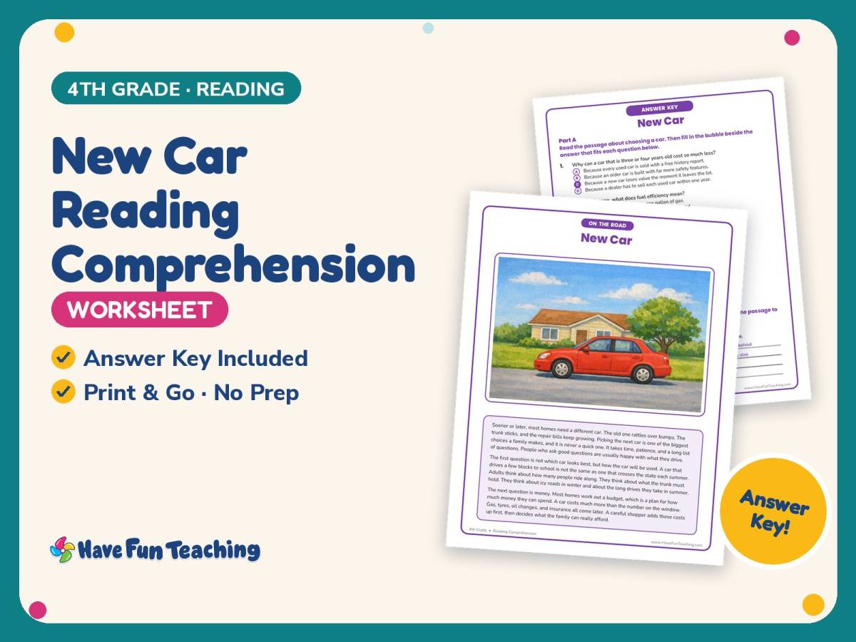 New Car Reading Comprehension Worksheet – 4th Grade Practice preview