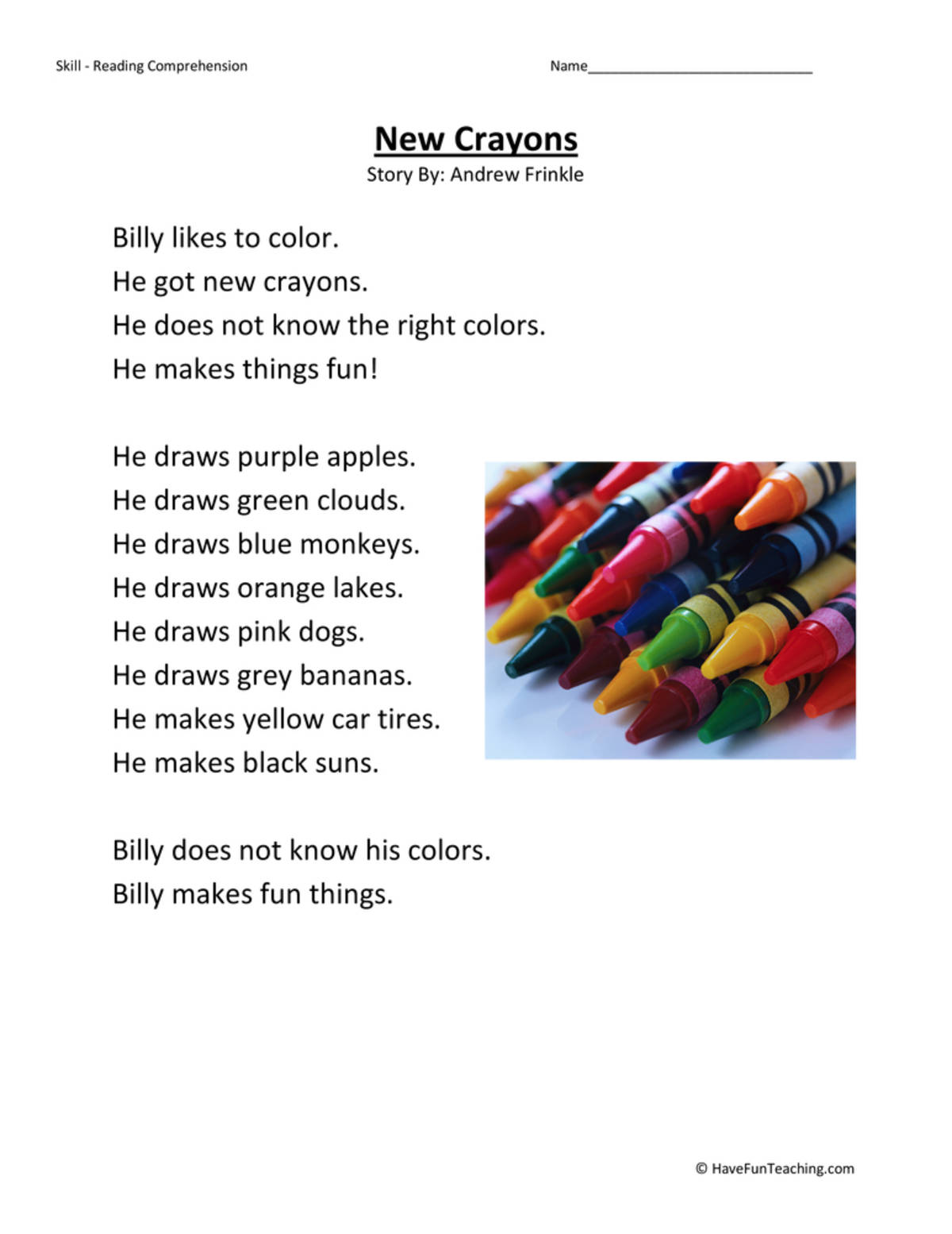 An educational teaching resource from Have Fun Teaching entitled New Crayons Reading Comprehension Worksheet downloadable at Teach Simple.