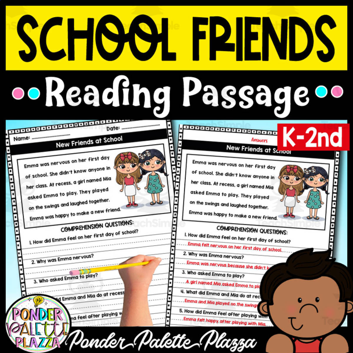 An educational teaching resource from Ponder Palette Plazza entitled New Friends at School - Reading Comprehension downloadable at Teach Simple.