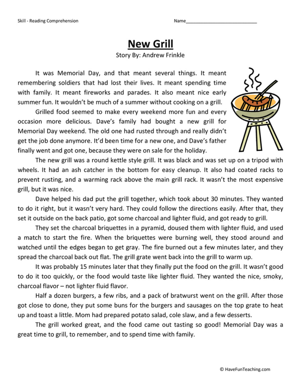 An educational teaching resource from Have Fun Teaching entitled New Grill Reading Comprehension Worksheet downloadable at Teach Simple.