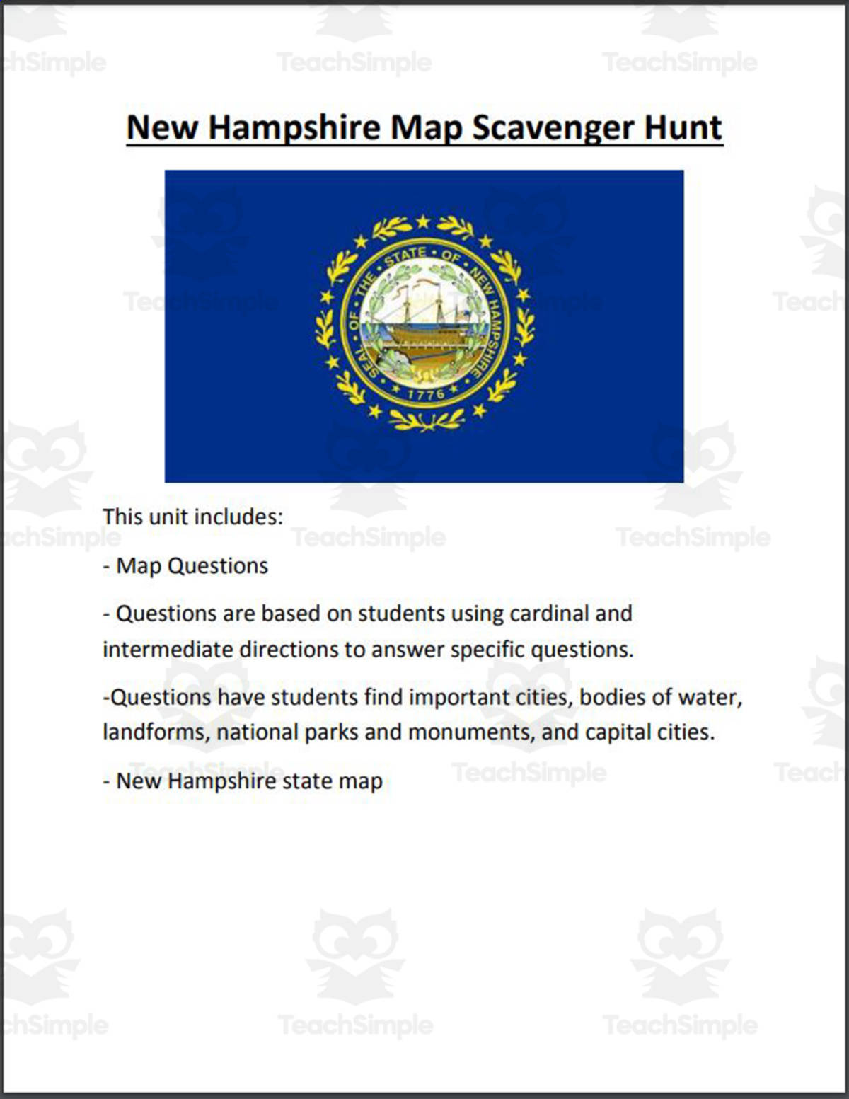 An educational teaching resource from Mr. Matthews Teacher Store entitled New Hampshire Map Scavenger Hunt downloadable at Teach Simple.