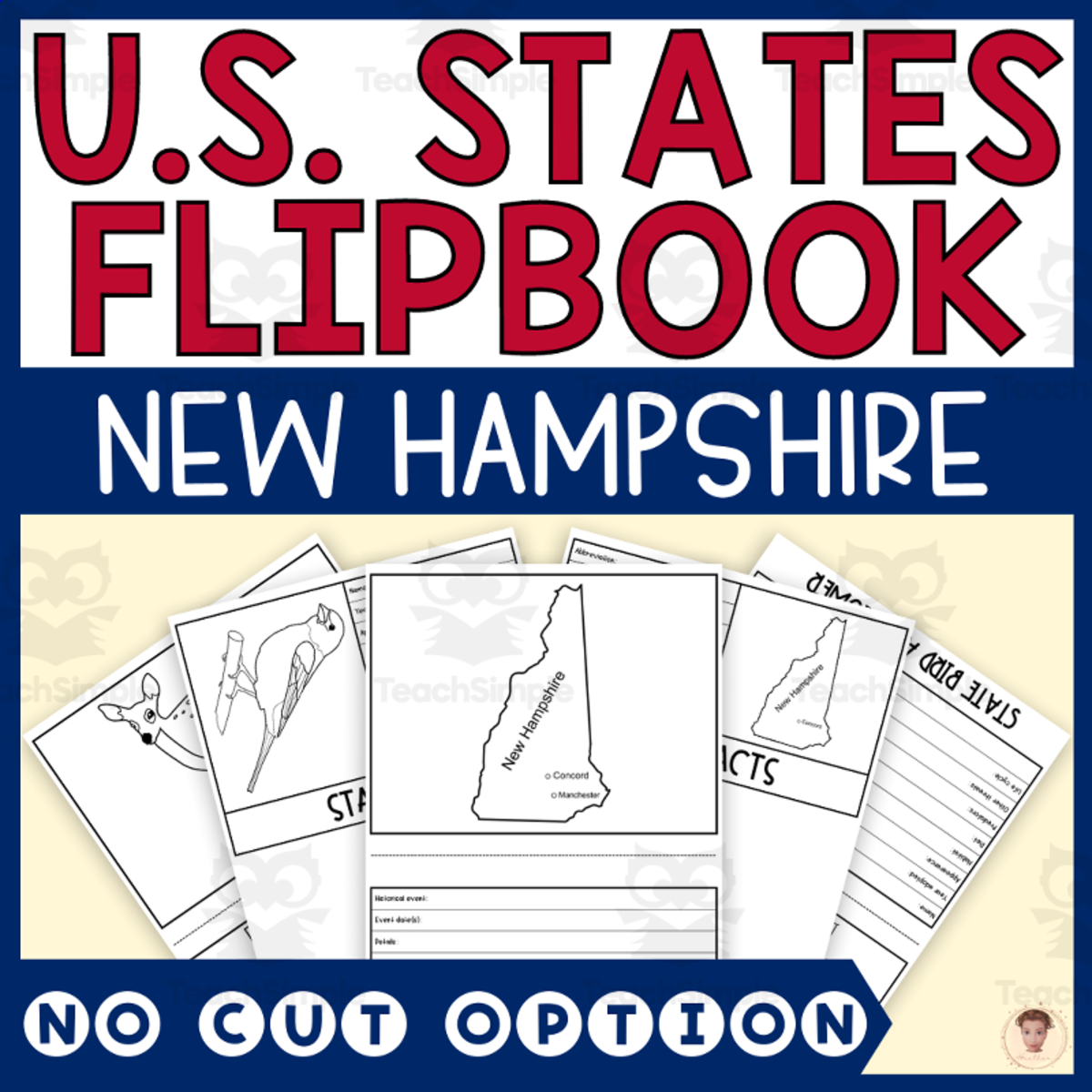 An educational teaching resource from Heather Huhman entitled New Hampshire State Flipbook (Capital, Bird, Flower, Flag, Animal) downloadable at Teach Simple.