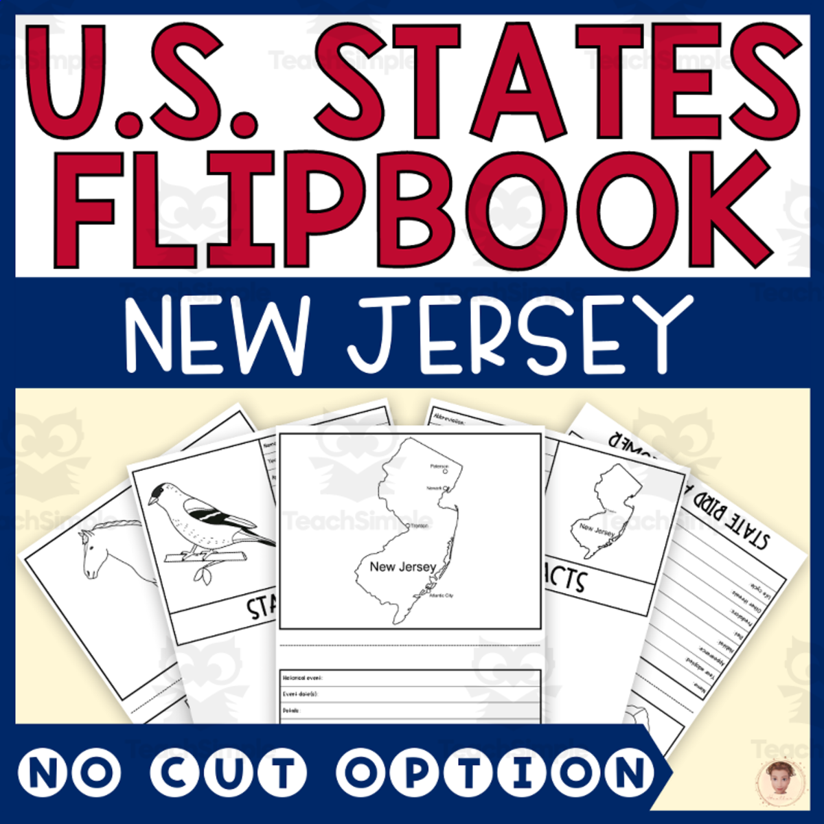 An educational teaching resource from Heather Huhman entitled New Jersey State Flipbook (Capital, Bird, Flower, Flag, Animal) downloadable at Teach Simple.