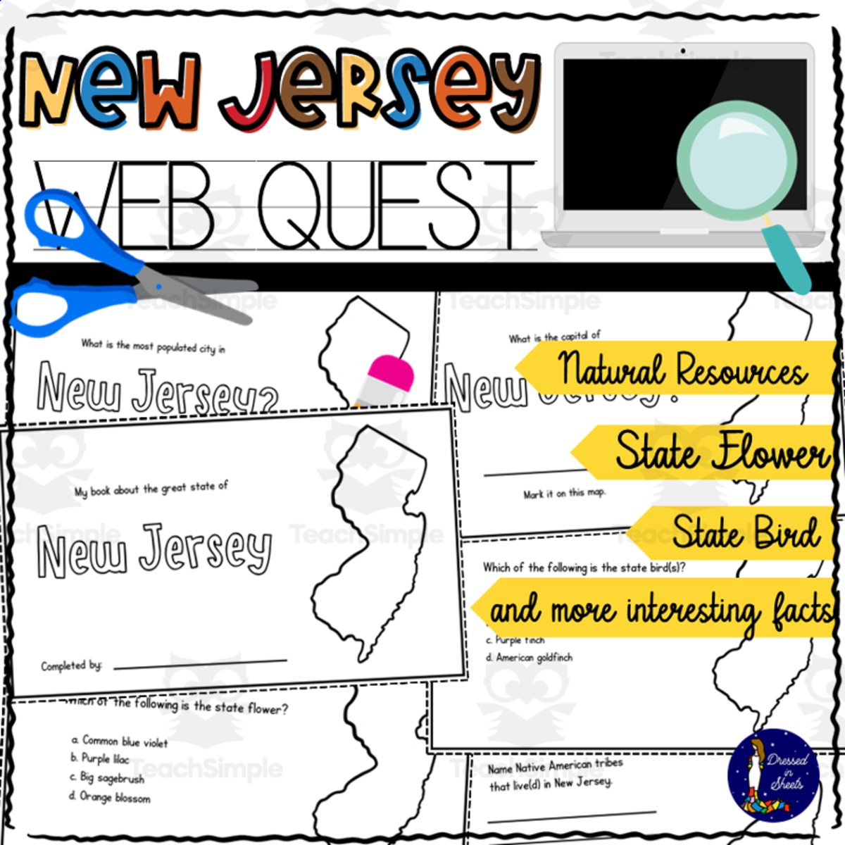 An educational teaching resource from Soumara Siddiqui entitled New Jersey WebQuest Printable Book downloadable at Teach Simple.