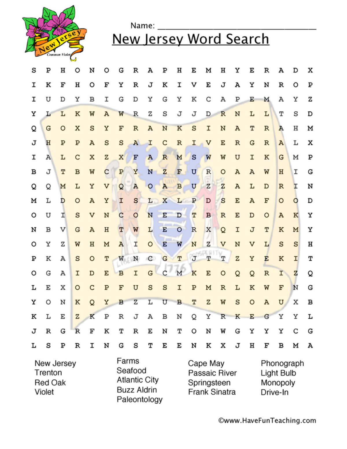 An educational teaching resource from Have Fun Teaching entitled New Jersey Word Search Worksheet downloadable at Teach Simple.
