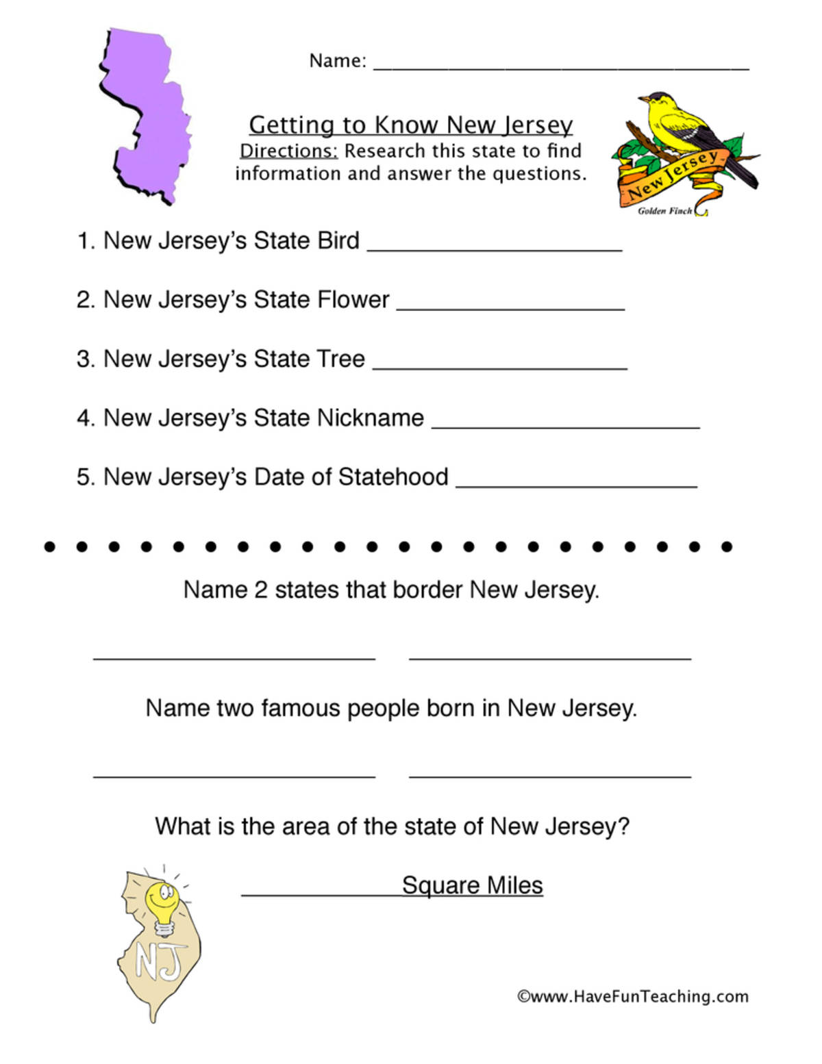 An educational teaching resource from Have Fun Teaching entitled New Jersey Worksheet downloadable at Teach Simple.