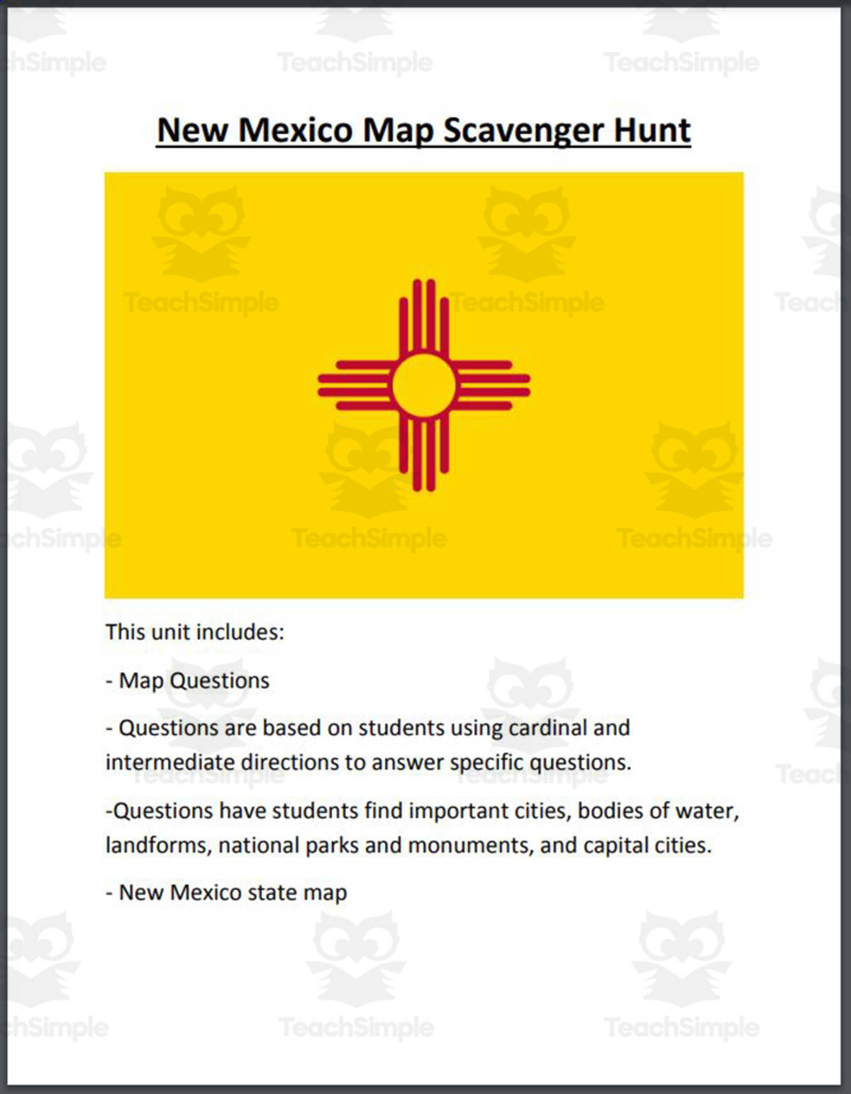 An educational teaching resource from Mr. Matthews Teacher Store entitled New Mexico Map Scavenger Hunt downloadable at Teach Simple.