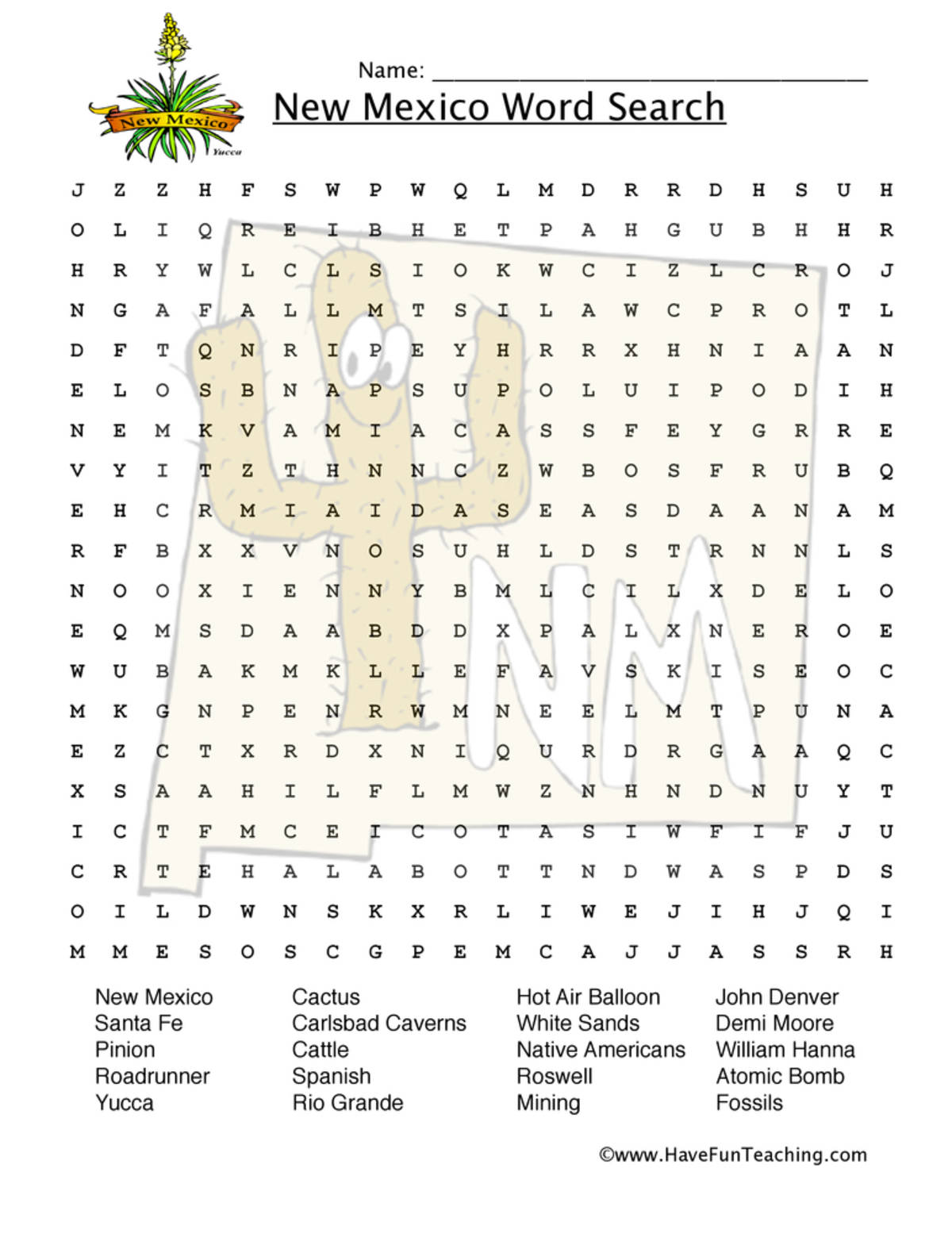 An educational teaching resource from Have Fun Teaching entitled New Mexico Word Search Worksheet downloadable at Teach Simple.