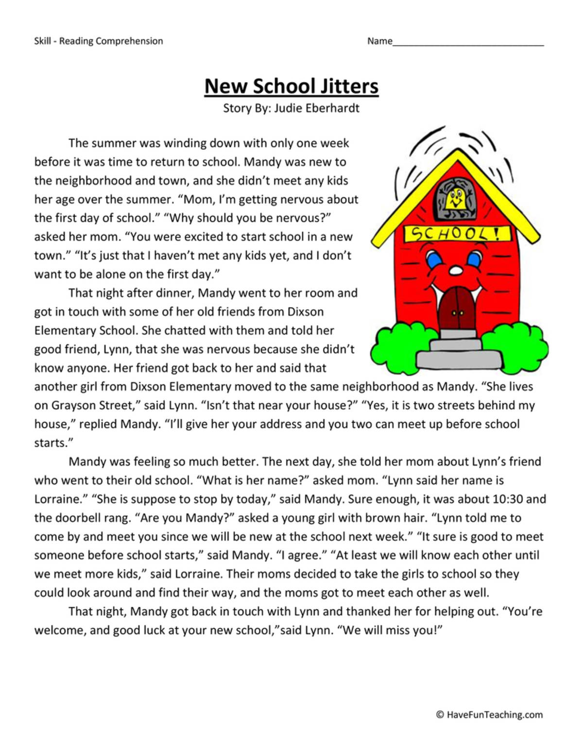 An educational teaching resource from Have Fun Teaching entitled New School Jitters Reading Comprehension Worksheet downloadable at Teach Simple.