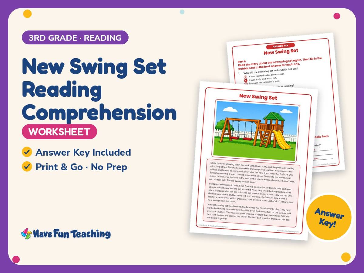 New Swing Set Reading Comprehension Worksheet – 3rd Grade Practice preview