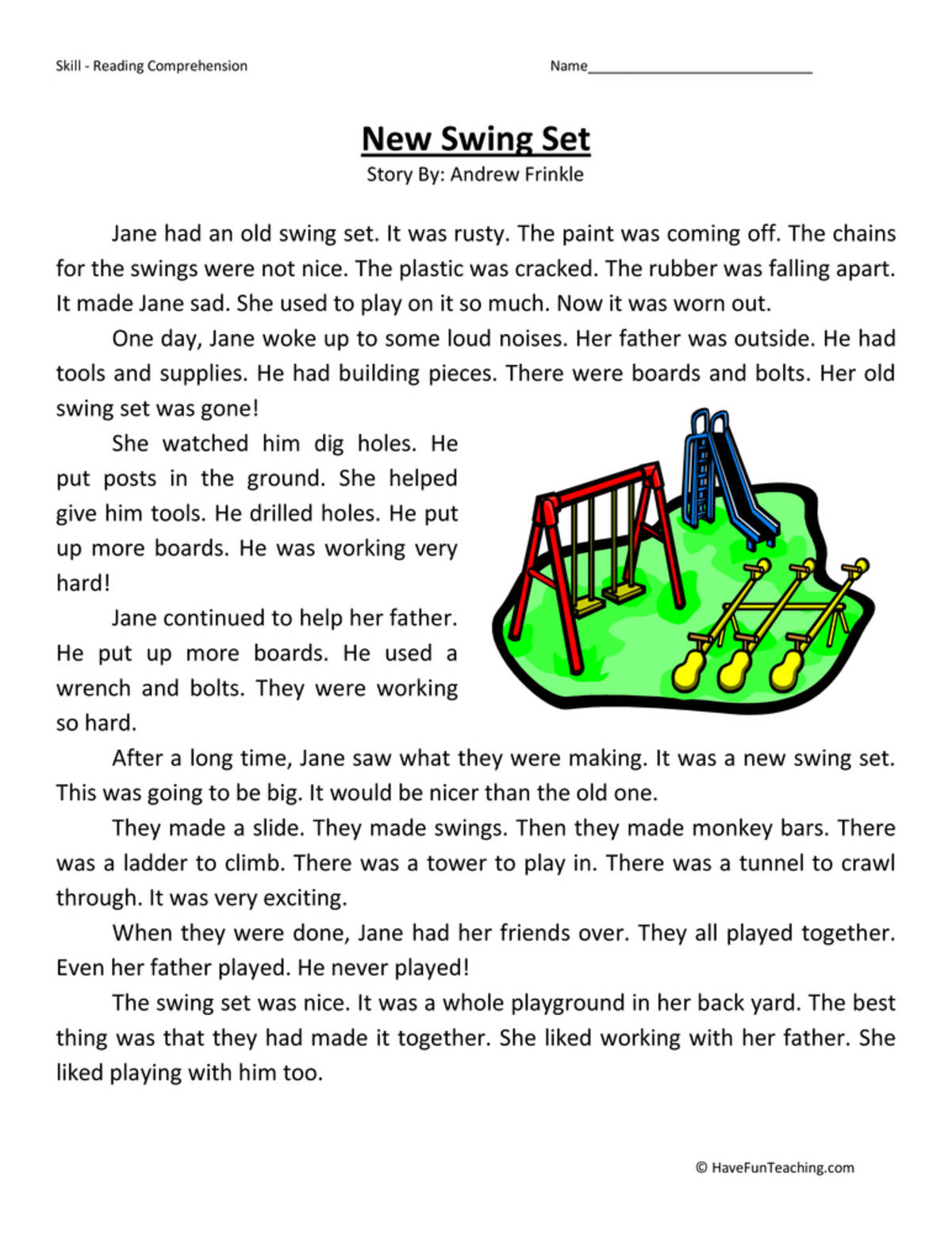 An educational teaching resource from Have Fun Teaching entitled New Swing Set Reading Comprehension Worksheet downloadable at Teach Simple.