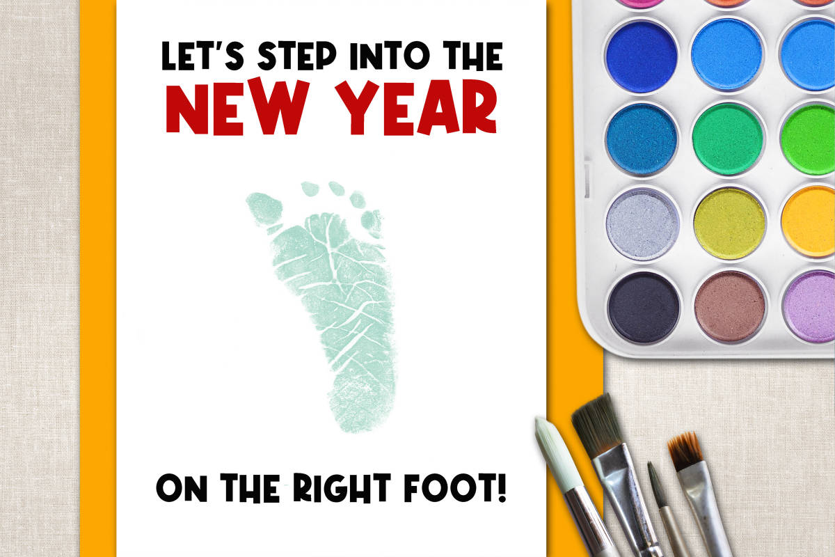 An educational teaching resource from Forever June Digital Design entitled New Year Bulletin Board Footprint Art, Daycare Winter Templates Crafts downloadable at Teach Simple.