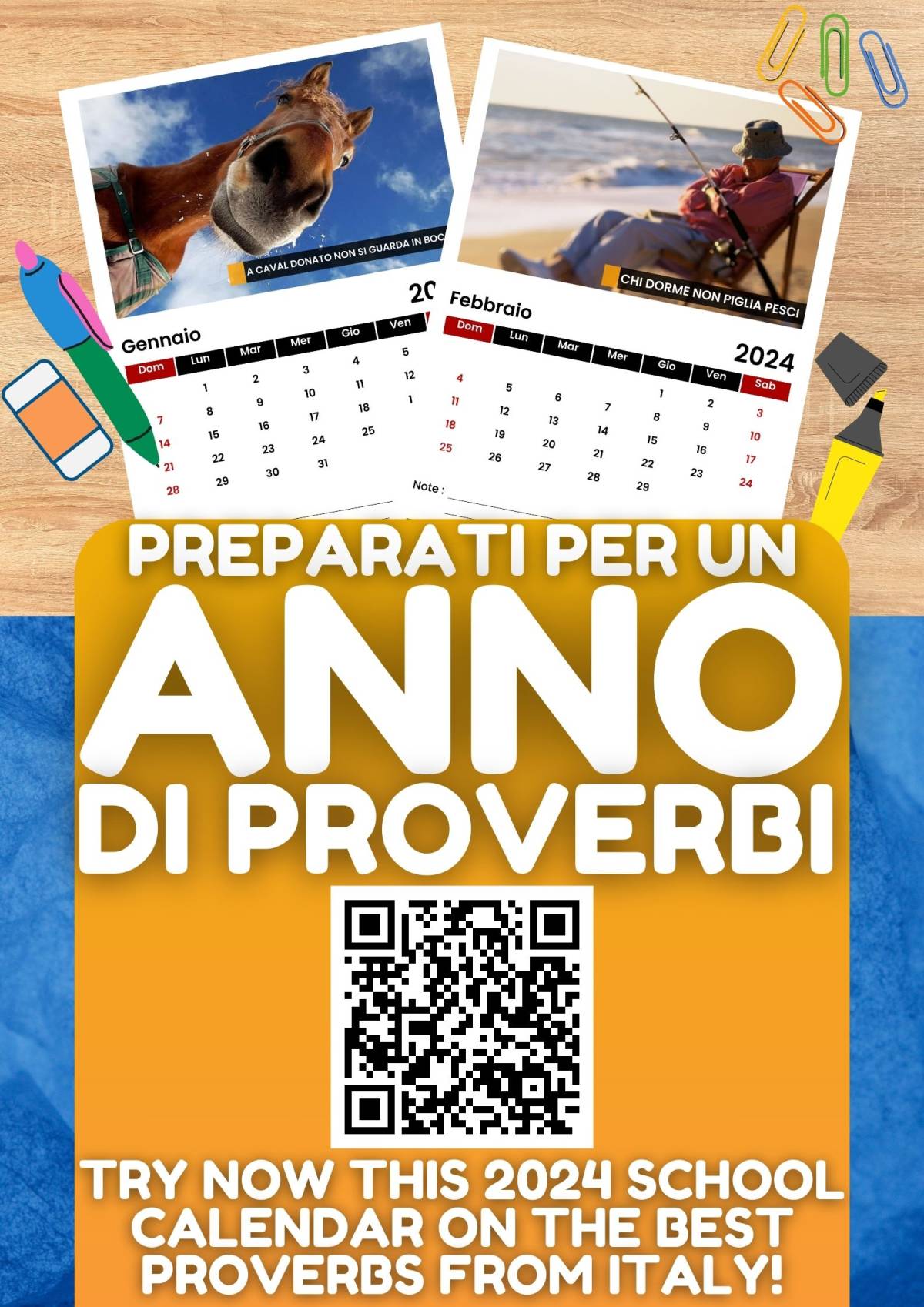 An educational teaching resource from Learning with Alan entitled New Year Italian 2024 Calendar with 12 Proverbs from Italy downloadable at Teach Simple.