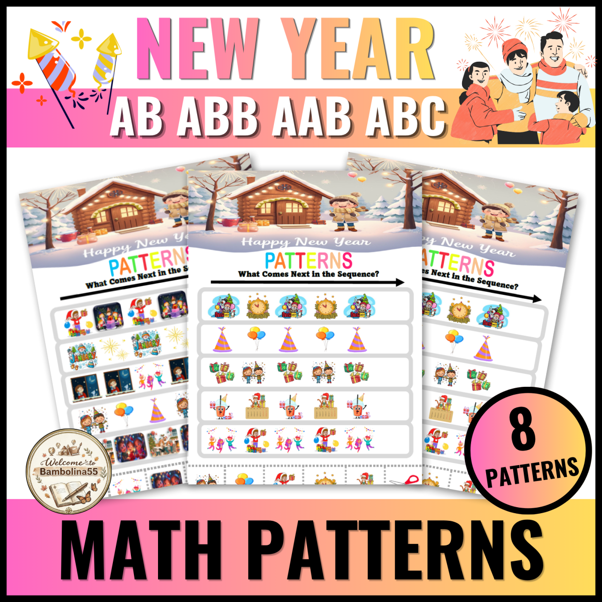 New Year Math Pattern Finish the Pattern Worksheets Engaging Activity preview