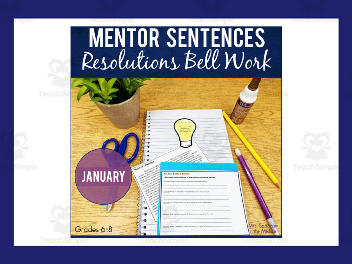 An educational teaching resource from Mrs. Spangler in the Middle entitled New Year Resolutions Bell Work + Mentor Sentences downloadable at Teach Simple.