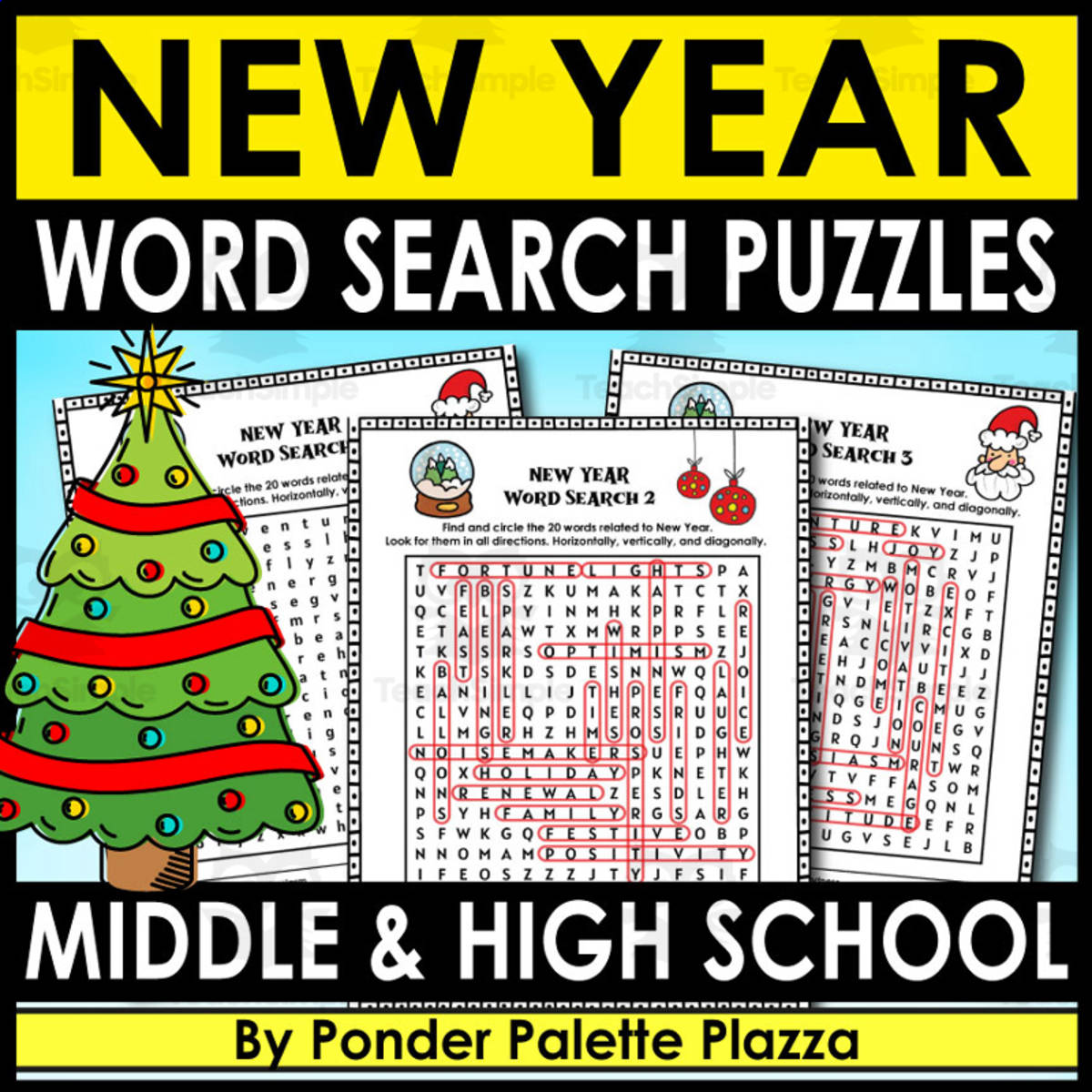 An educational teaching resource from Ponder Palette Plazza entitled New Year Word Search Puzzles + Answers Included downloadable at Teach Simple.