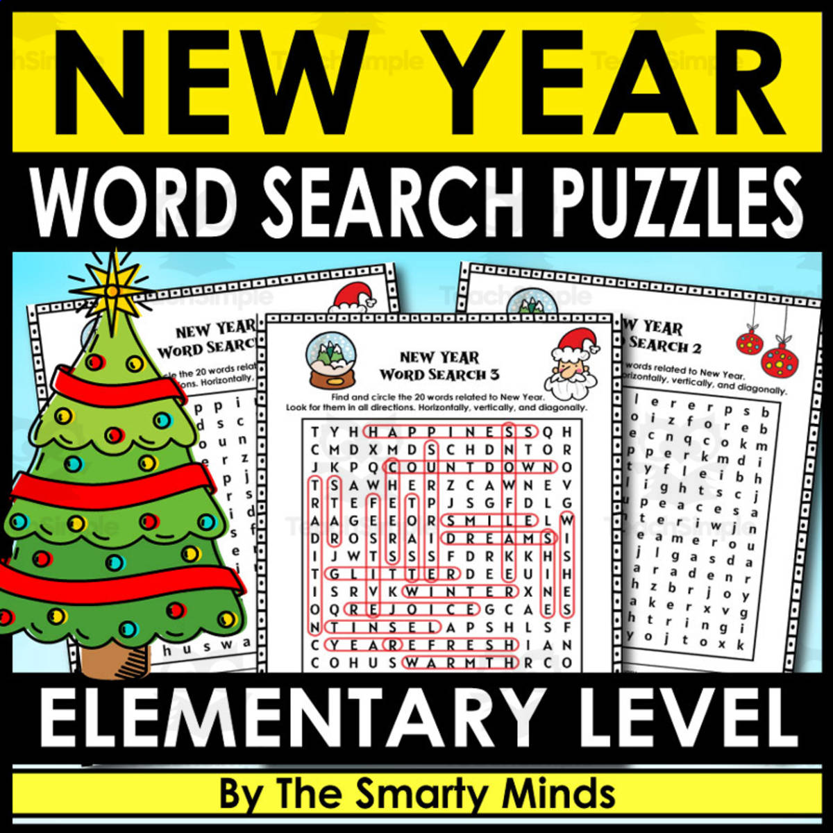An educational teaching resource from Ponder Palette Plazza entitled New Year Word Search Puzzles + Answers downloadable at Teach Simple.