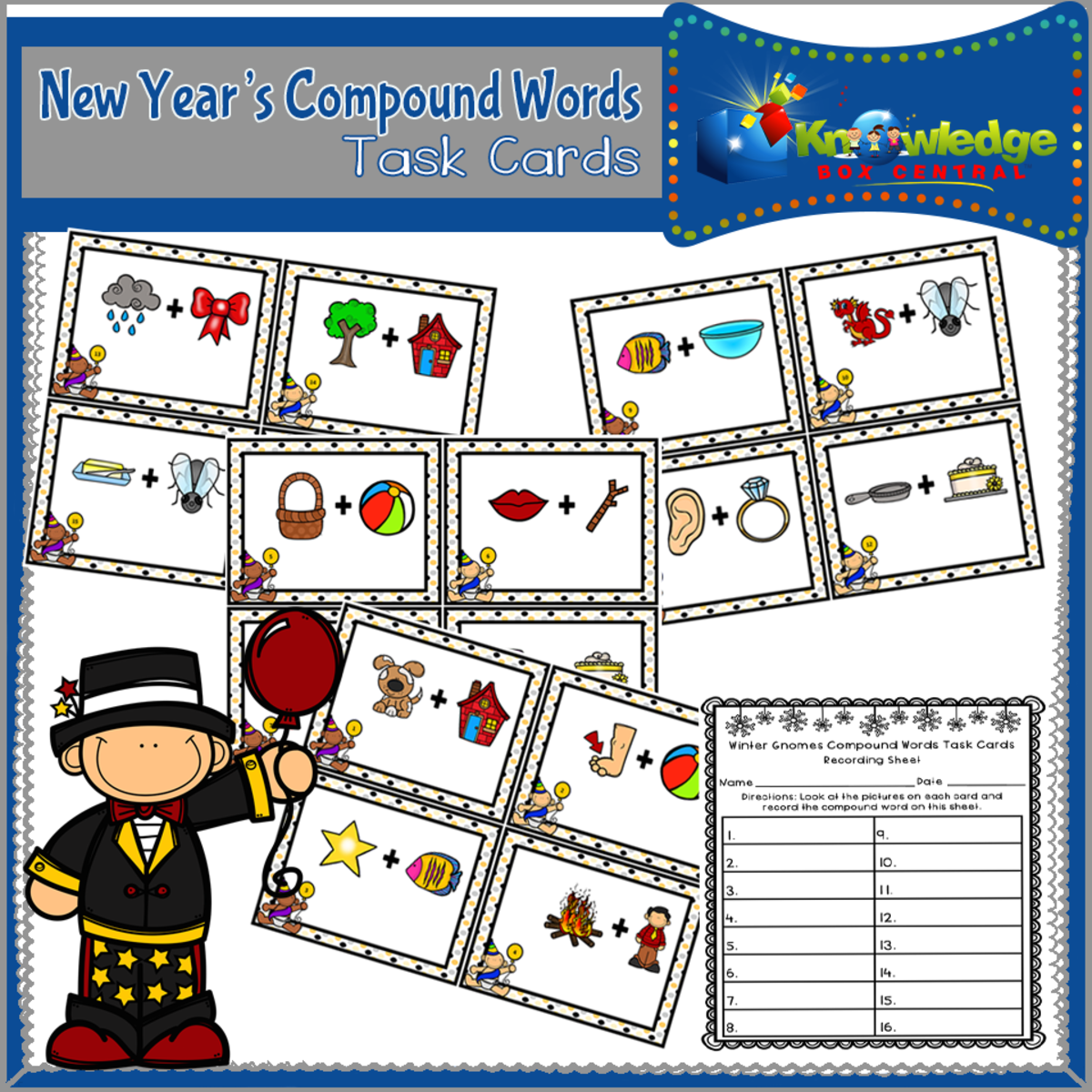 An educational teaching resource from Knowledge Box Central entitled New Year's Compound Words Task Cards With Recording Sheet - EBOOK downloadable at Teach Simple.