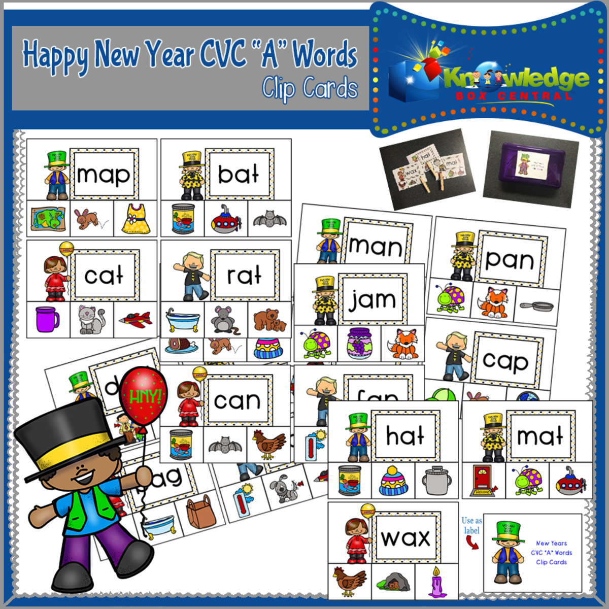 An educational teaching resource from Knowledge Box Central entitled New Year's CVC "A" Words Clip Cards - EBOOK downloadable at Teach Simple.