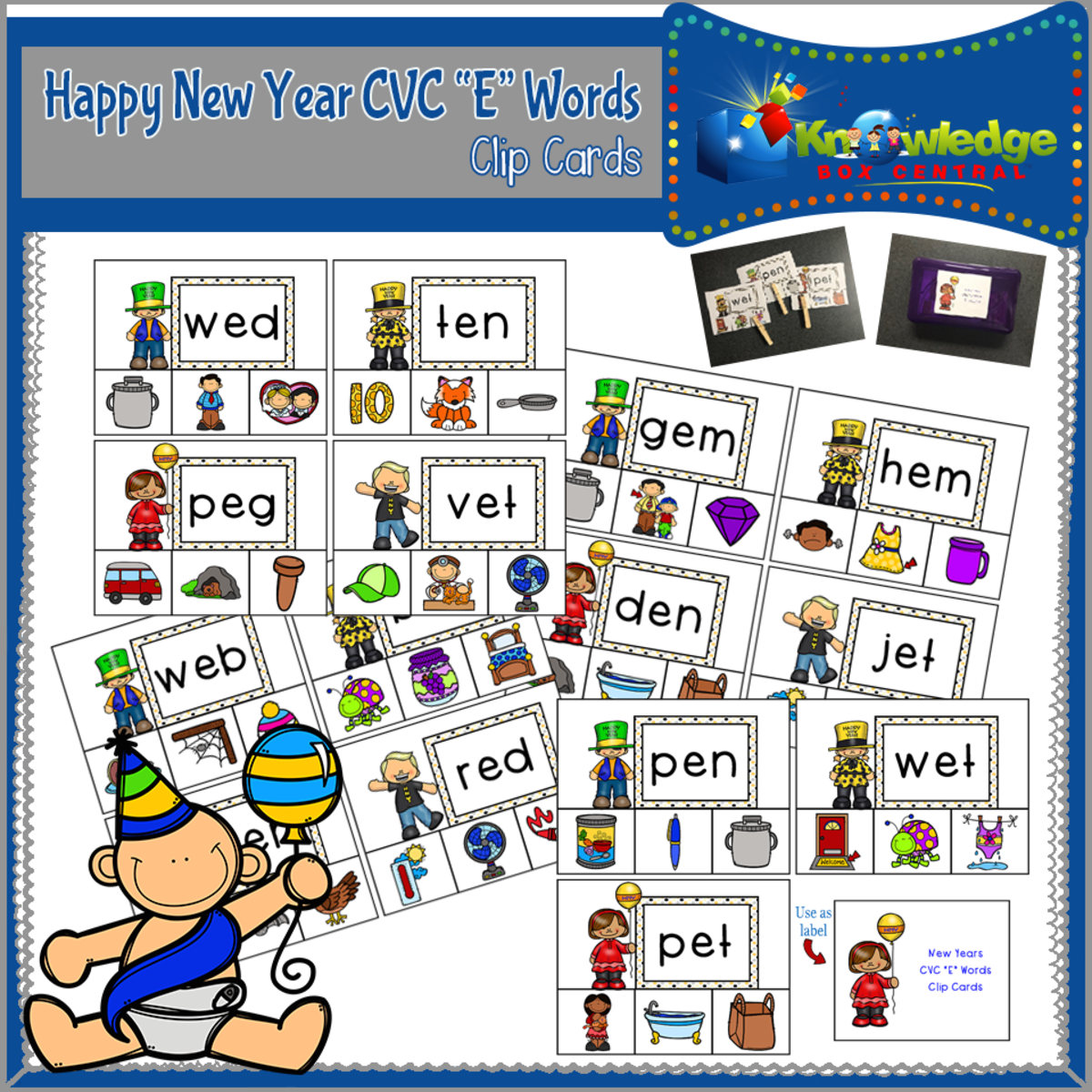 An educational teaching resource from Knowledge Box Central entitled New Year's CVC "E" Words Clip Cards - EBOOK downloadable at Teach Simple.