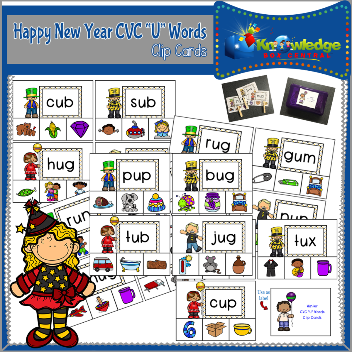 An educational teaching resource from Knowledge Box Central entitled New Year's CVC "U" Words Clip Cards - EBOOK downloadable at Teach Simple.