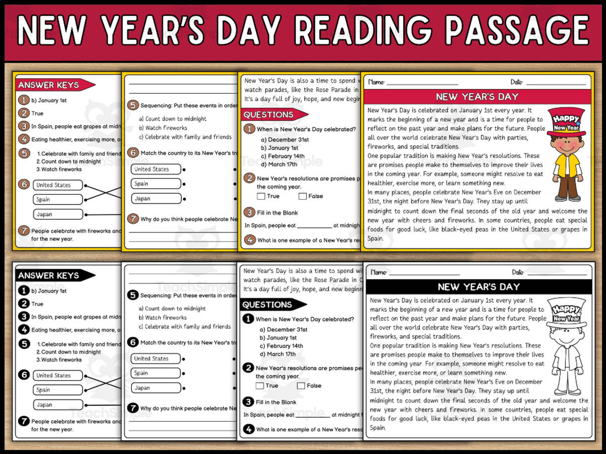 An educational teaching resource from Wonderland School entitled New Year's Day Reading Passage - Happy New Year Reading Comprehension downloadable at Teach Simple.