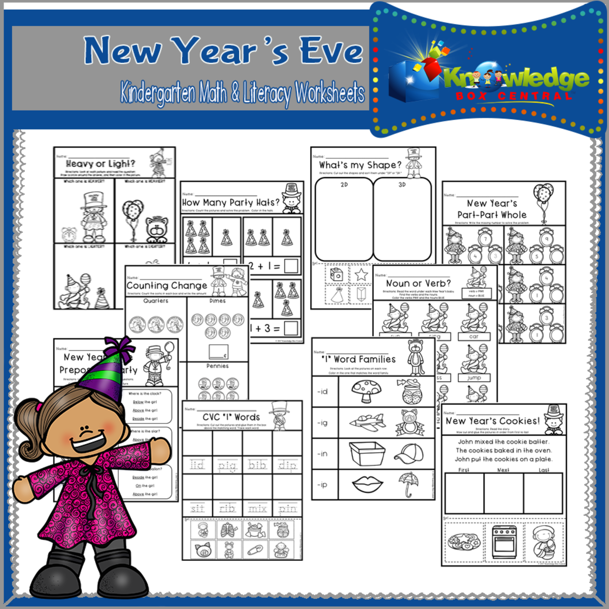 An educational teaching resource from Knowledge Box Central entitled New Year's Eve Kindergarten Math & Literacy Worksheets - EBOOK downloadable at Teach Simple.