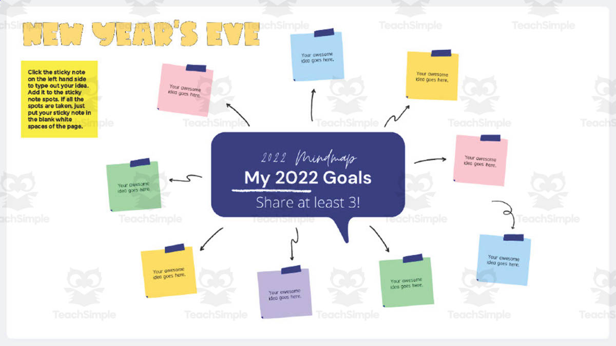 An educational teaching resource from Joyful Noise Teaching entitled New Year's Eve Mind Map | Goal Setting Activity downloadable at Teach Simple.