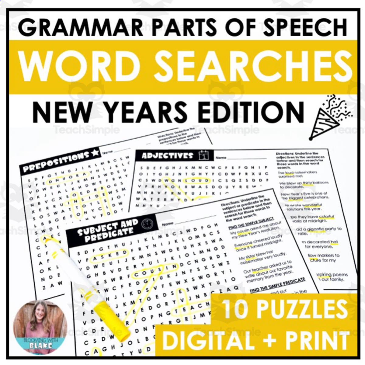 An educational teaching resource from Blooming with Blake entitled New Years Grammar Word Search Packet downloadable at Teach Simple.