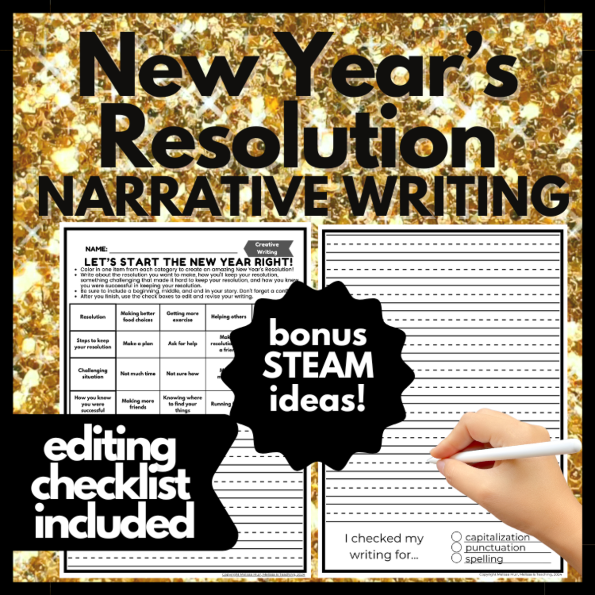 An educational teaching resource from Melissa Is Teaching entitled New Year's Resolution Writing Challenge | Growth Mindset & Resilience! downloadable at Teach Simple.
