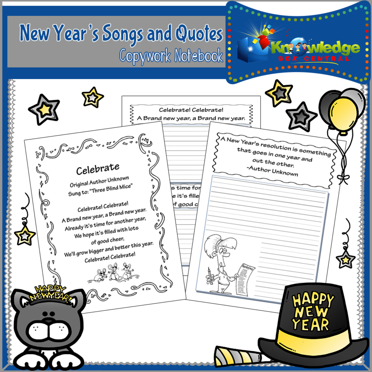 An educational teaching resource from Knowledge Box Central entitled New Year's Songs & Quotes Copywork Notebook - EBOOK downloadable at Teach Simple.