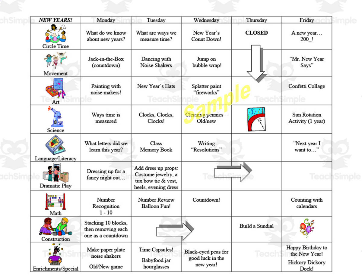 An educational teaching resource from Learning Foundations entitled New Years Week-Long Lesson Plan Template downloadable at Teach Simple.