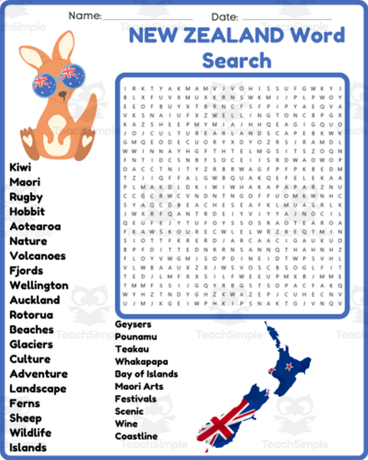 An educational teaching resource from space shope entitled NEW ZEALAND Word Search Puzzle Worksheet Activity downloadable at Teach Simple.