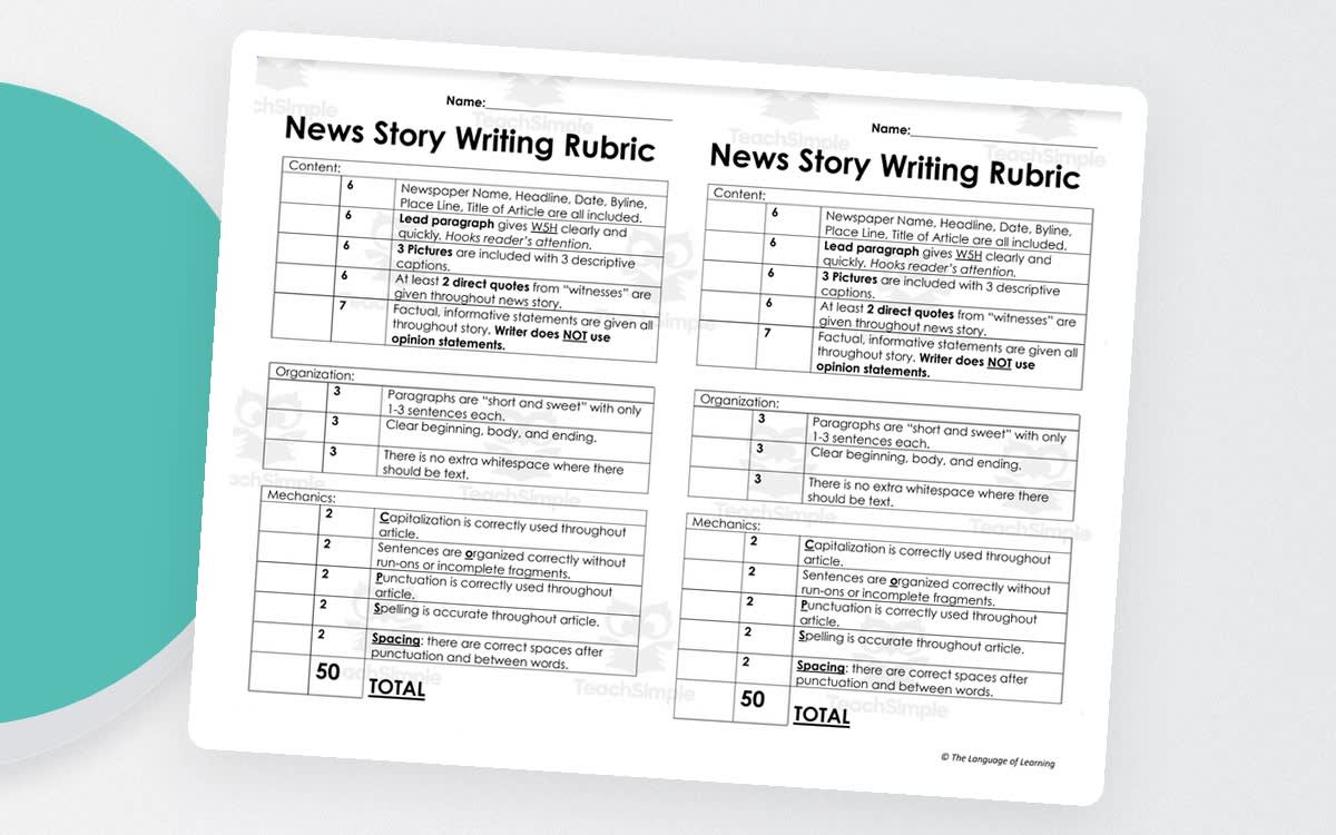 An educational teaching resource from The Language of Learning entitled News Story Writing Rubric downloadable at Teach Simple.