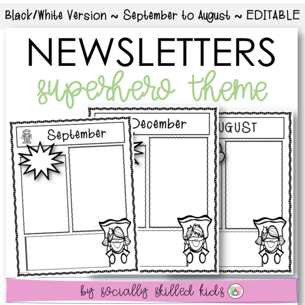 An educational teaching resource from Socially Skilled Kids entitled Newsletters Clipboard Themed, September To August, Black and White downloadable at Teach Simple.