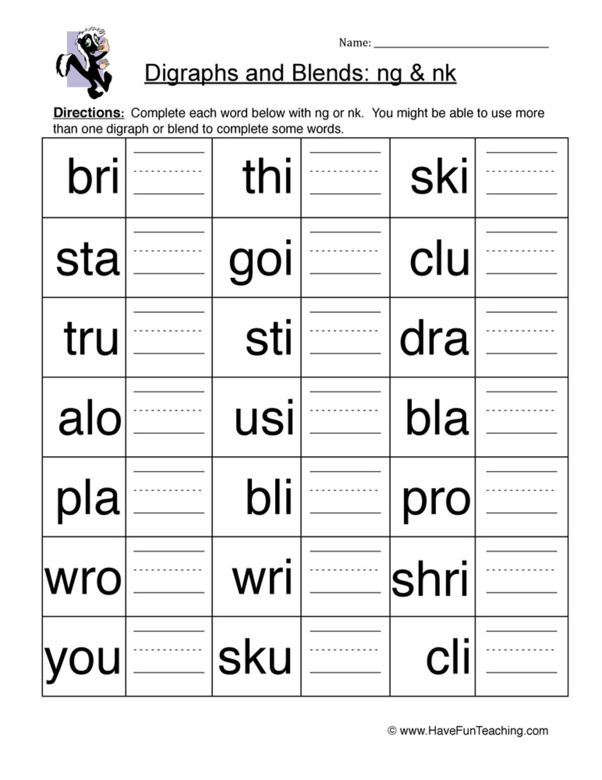 An educational teaching resource from Have Fun Teaching entitled NG and NK Digraph Worksheet downloadable at Teach Simple.