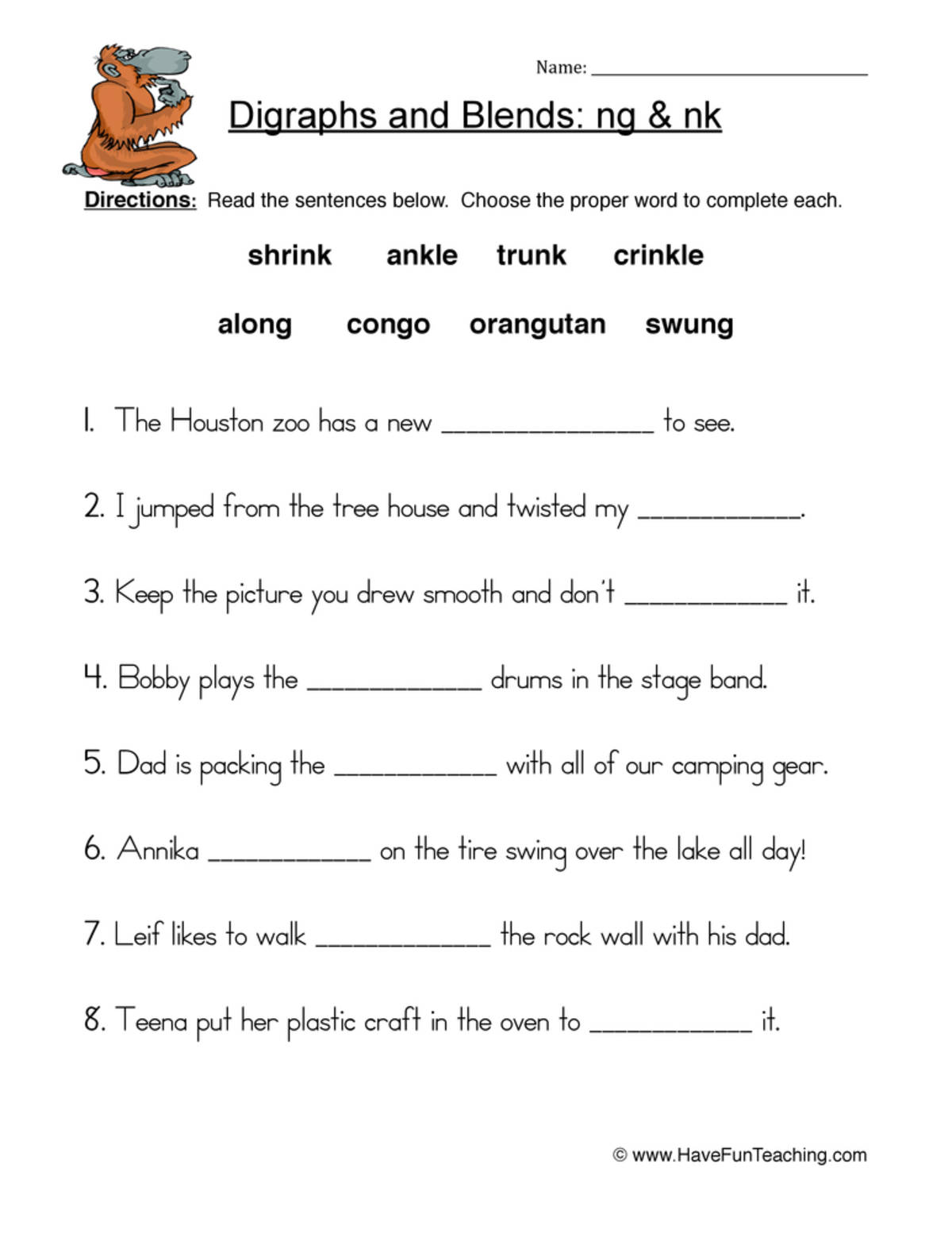 An educational teaching resource from Have Fun Teaching entitled NG/NK Digraph Worksheet – Phonics Practice downloadable at Teach Simple.