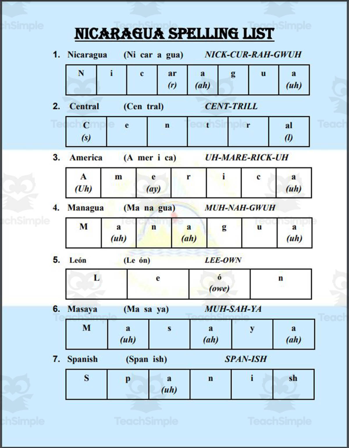 An educational teaching resource from Mr. Matthews Teacher Store entitled Nicaragua Spelling List downloadable at Teach Simple.