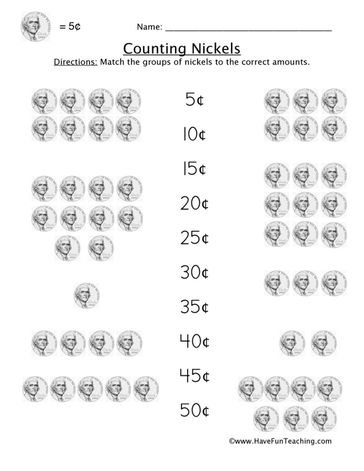 An educational teaching resource from Have Fun Teaching entitled Nickels Matching Worksheet downloadable at Teach Simple.