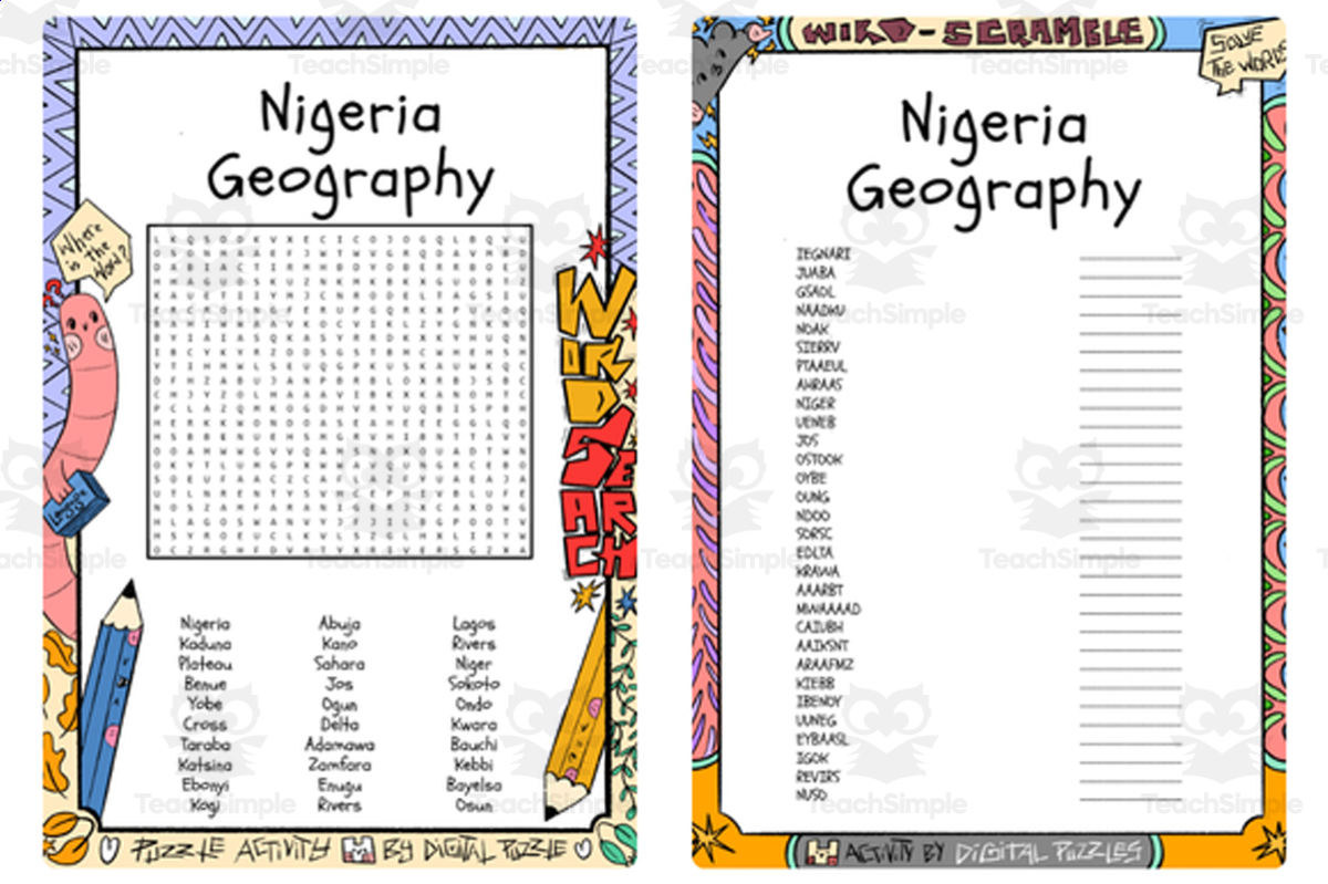 An educational teaching resource from Lapiiin Art Activities entitled Nigeria Geography word search & scramble downloadable at Teach Simple.