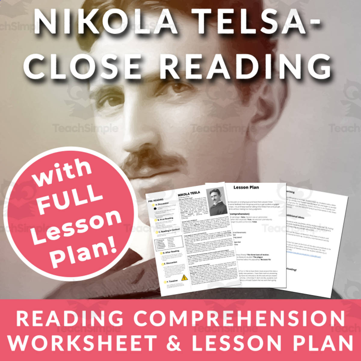 An educational teaching resource from The Laughing Linguist entitled Nikola Tesla - Close Reading Comprehension Worksheet & Lesson Plan downloadable at Teach Simple.