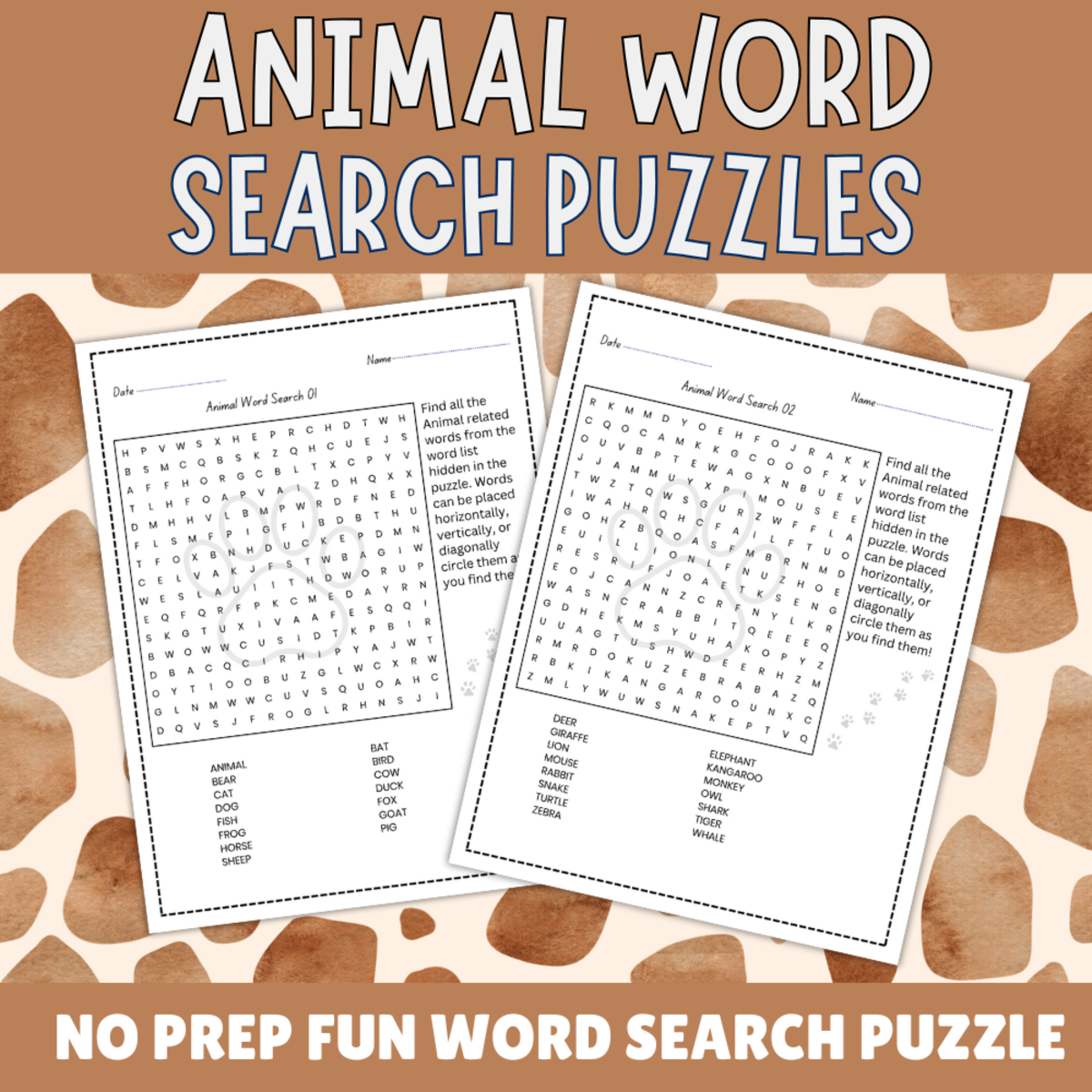 An educational teaching resource from Perfect_Printables entitled No Prep Animal Word Search Puzzles For Pre-K , 1st , 3nd Grade downloadable at Teach Simple.