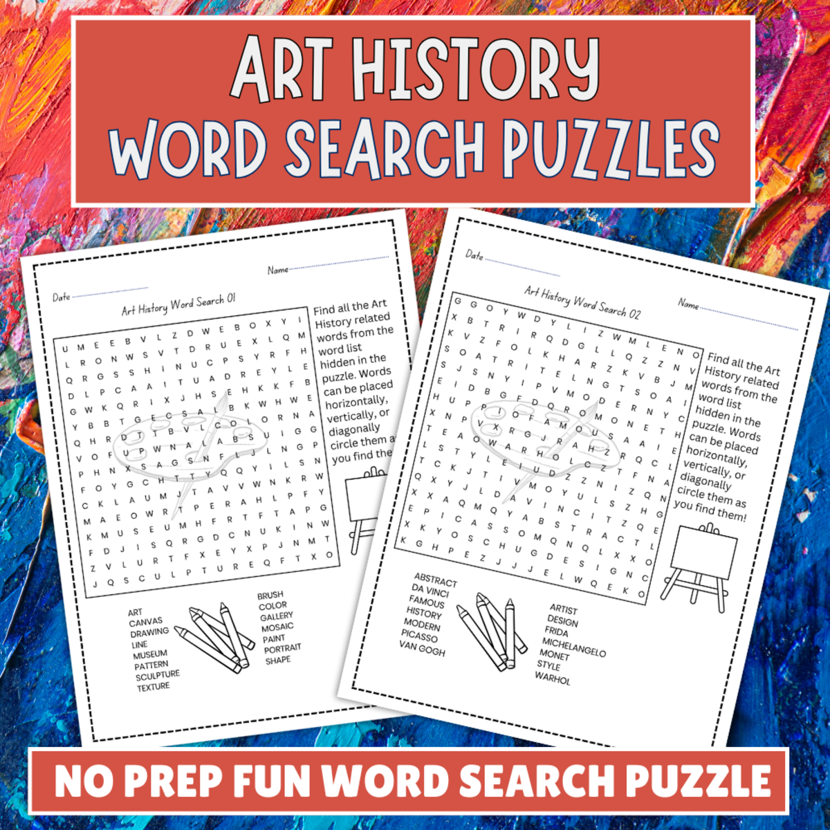 An educational teaching resource from Perfect_Printables entitled No Prep Art History Word Search Puzzles, Art Class Word Puzzle downloadable at Teach Simple.